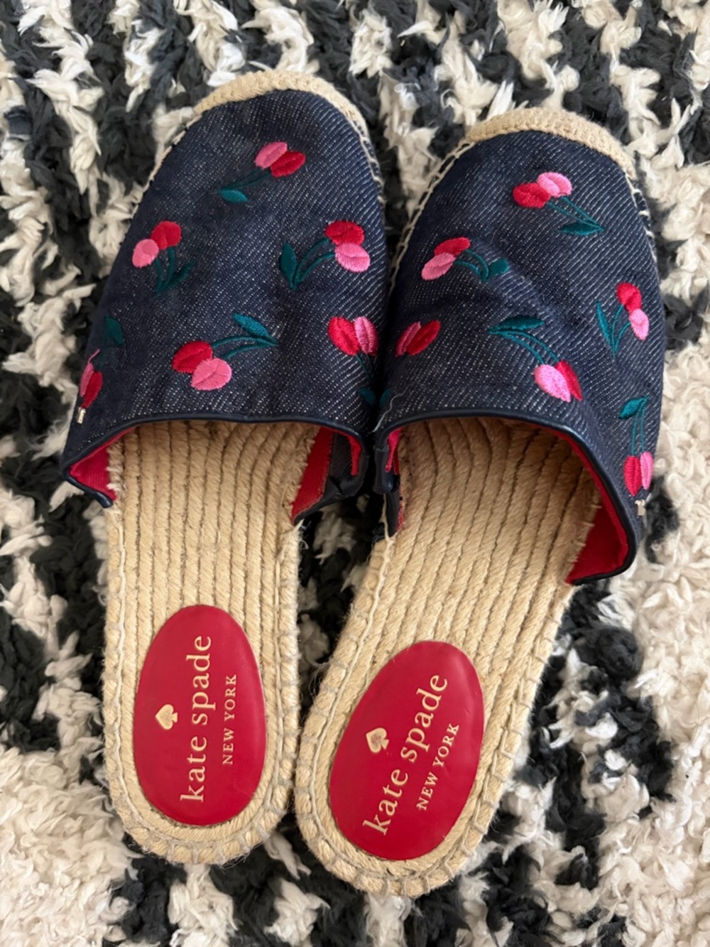 kate spade Navy Denim Cherry Espadrille Slides with Pink & Red Accents